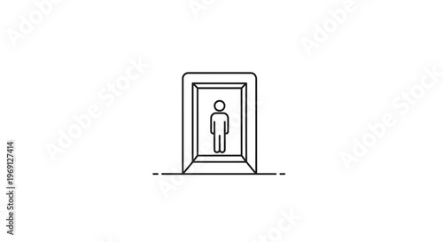 Minimalist line icon of a person standing within a doorway or portal graphic representation