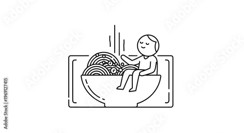 Serene individual luxuriating within a steaming bowl of coiled pasta, embracing warmth and comfort