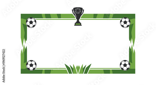 Soccer Championship Frame with Trophy and Balls, Green Grass Border