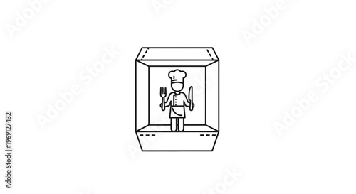 A professional chef icon inside a takeout box representing food service and delivery solutions,