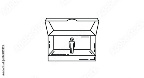 Conceptual line art showing a minimalist human figure standing inside an open rectangular box on a