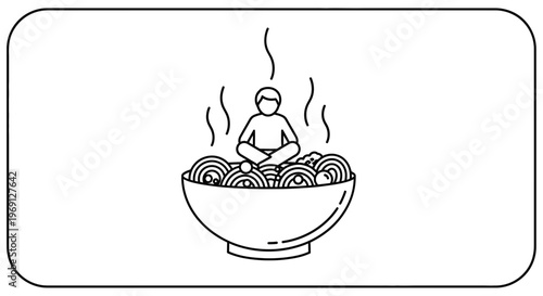 A person meditating amidst a comforting bowl of steaming noodles, symbolizing culinary mindfulness