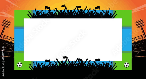 Soccer Fan Crowd Frame with Stadium Lights and Sunset Sky