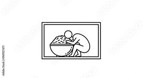 Minimalist line illustration depicting a person deeply engaged in eating from a generous bowl,