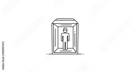 Modern linear icon depicting an individual positioned within a geometric compartment graphic for