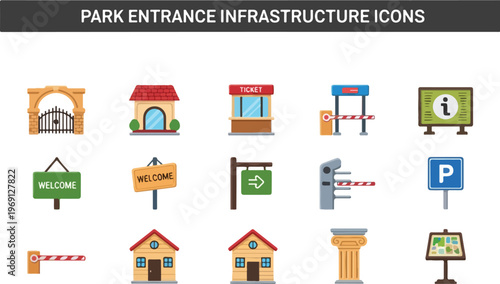 Set of park entrance infrastructure icons for design projects
