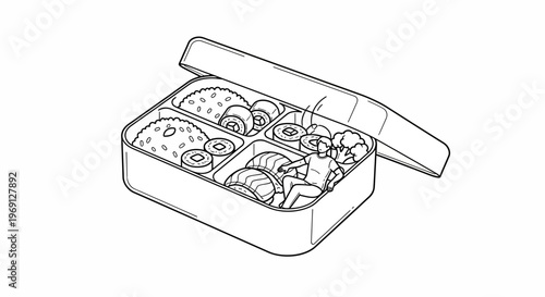 A tiny figure finds repose amidst a well-arranged bento box filled with delicious meal components