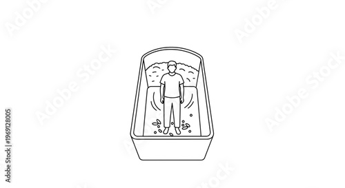 Minimalist outline illustration of a human figure standing in a large granular container