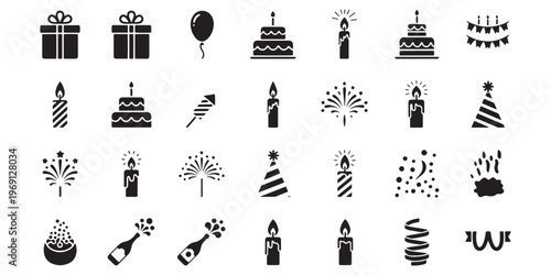 Birthday icons, party symbols, celebration graphics, black vector set