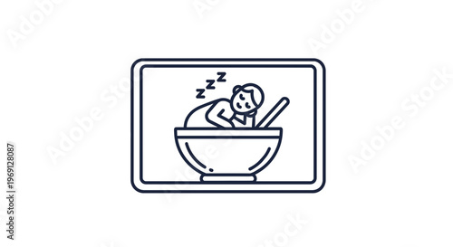 Minimalist line art depicting a person peacefully sleeping inside a large food bowl, symbolizing