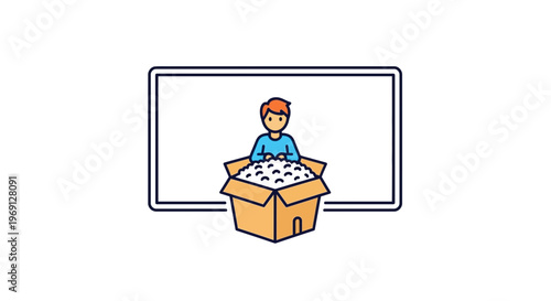 Creative cartoon icon depicting a joyful individual immersed in a box of delightful popcorn with a