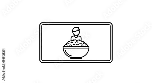 Minimalist line icon showing a person immersed in a bowl of food, symbolizing abundance or