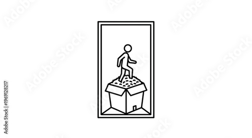 Pictogram of an individual carefully stepping atop a box brimming with loose contents