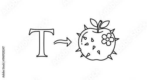 Conceptual visual puzzle showing letter T transforming into a stylized spiky fruit design