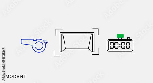 Soccer Game Icons: Whistle, Goal, Stopwatch - Sports Equipment and Timekeeping
