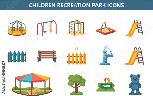 Set of children's recreation park icons featuring swings, slides, and playground equipment