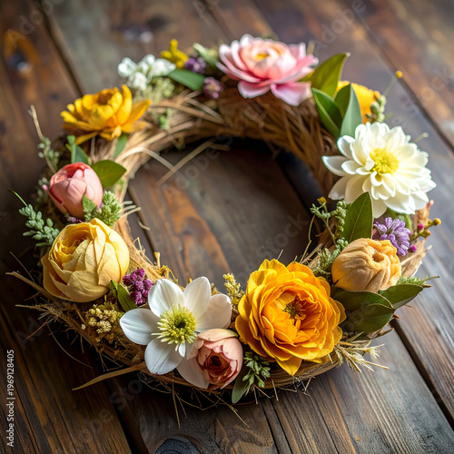 Wallpaper Mural Floral Wreath on Rustic Wood - A Springtime Celebration. Torontodigital.ca