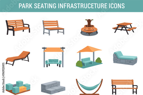 Collection of park seating and recreational furniture icons for outdoor spaces and public areas