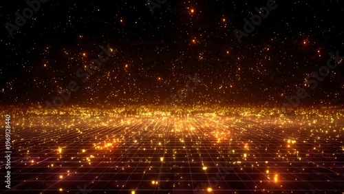 Abstract Digital Horizon Sparkling Orange Particles Form a Luminous Grid in a Dark Cybernetic Space, Evoking Future Technology and Data Flow