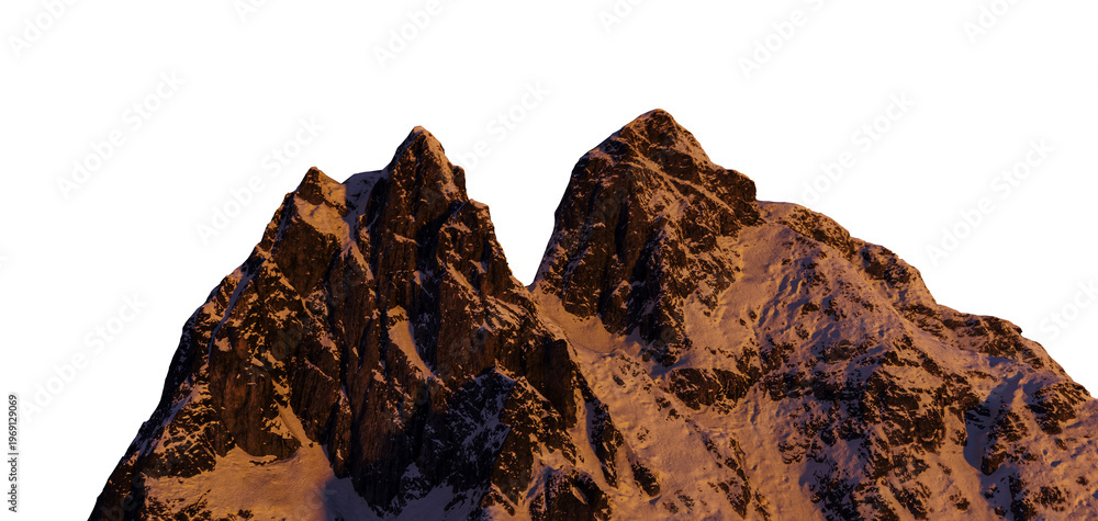 Fototapeta premium Snow Covered Mountain Peaks at Golden Hour Sunset — Dramatic Alpine Summit 3D Rendering
