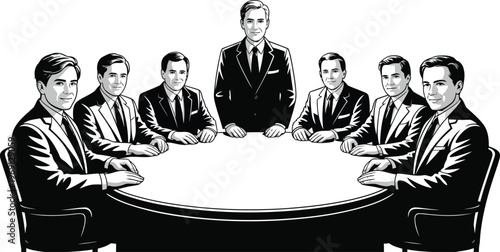 Businessmen meeting, corporate leaders, executives conference, black and white vector illustration