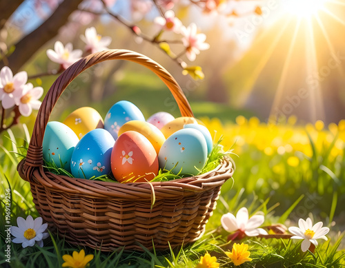 Wallpaper Mural Easter basket filled with colorful eggs in a spring meadow. Torontodigital.ca