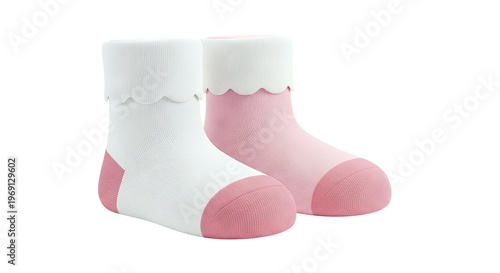 Two baby socks, pink and white, with scalloped edges and pink toe caps