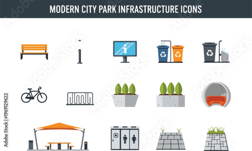 Modern City Park Infrastructure Icons Set Vector Illustration