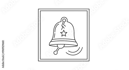 Minimalist black and white line art icon of a ringing bell featuring a crack and a star