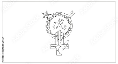 Dynamic monochrome illustration of feminine strength breaking societal chains and achieving