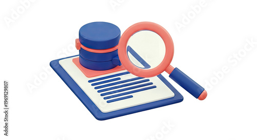 3D Illustration: Magnifying Glass Over Document and Database