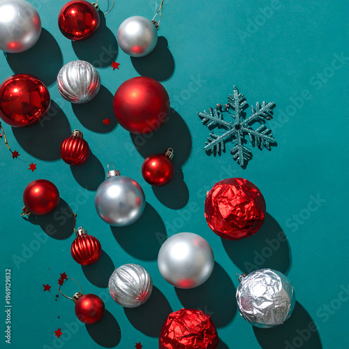 Wallpaper Mural Festive Christmas Ornaments on Teal Background - A Holiday Still Life. Torontodigital.ca