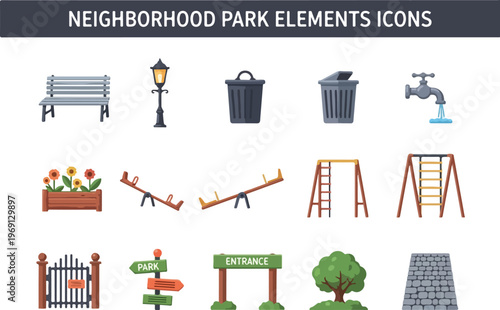 Set of neighborhood park elements icons including bench, lamp post, trash can, and playground equipment