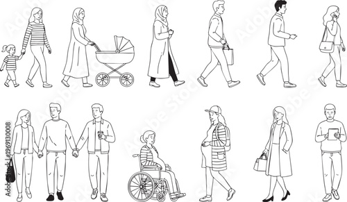 A set of diverse characters walking and moving line art vector illustration work