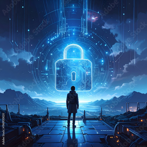 Wallpaper Mural Cybersecurity Vision - Man Facing Digital Lock in Futuristic Landscape. Torontodigital.ca