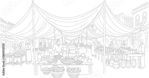 Detailed line art illustration of a busy outdoor market scene with stalls and people