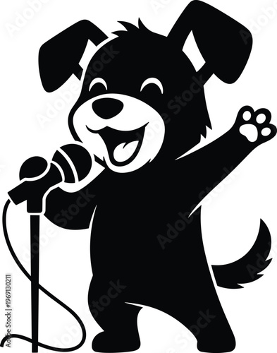 Happy dog singing into microphone vector art