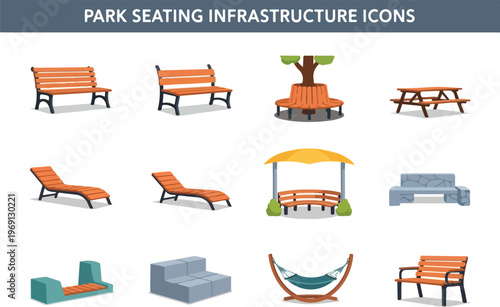 Park Seating and Infrastructure Icon Set for Outdoor Public Spaces