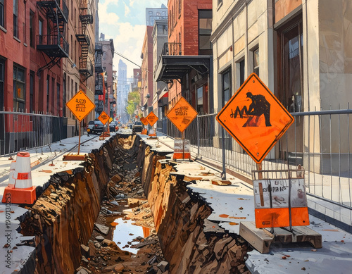 Wallpaper Mural Street excavation in urban area with warning signs and barriers. Torontodigital.ca