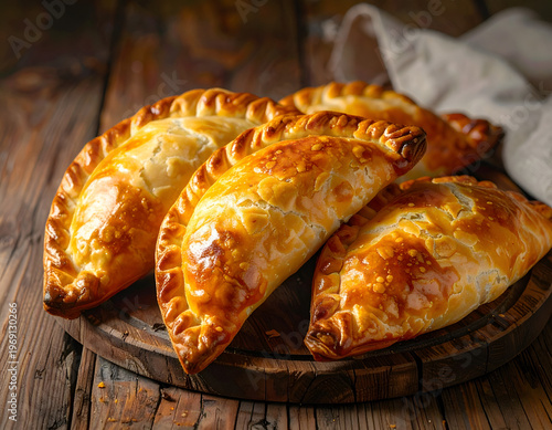 Wallpaper Mural Golden Empanadas on Rustic Wooden Board - A Culinary Delight. Torontodigital.ca