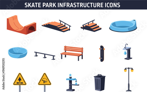 Set of skate park infrastructure icons and elements including ramps, rails, benches, and lighting