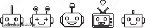 Cute Retro Pixel Art Robot Head Icons Set