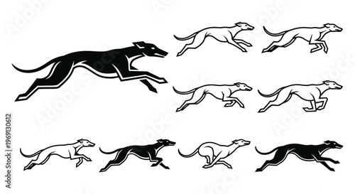 Black and white greyhound dog silhouettes.