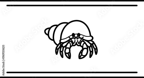 Minimalist black outline drawing of a small hermit crab occupying its protective seashell home