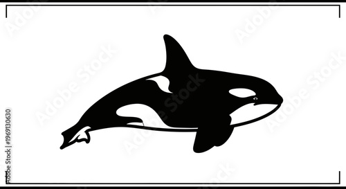Striking minimalist black and white graphic illustration of a majestic killer whale swimming in