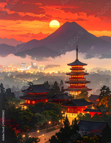 Wallpaper Mural Majestic Pagoda and Mount Fuji at Sunset - A Timeless Japanese Scene. Torontodigital.ca