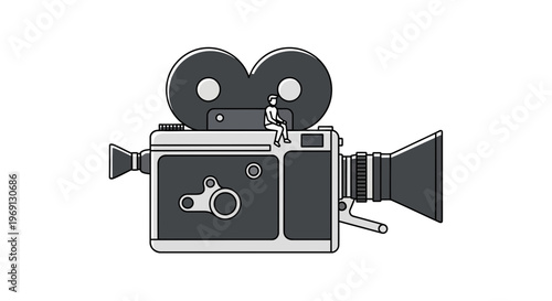 Retro movie camera illustration featuring a diminutive observer engaged in the cinematic process