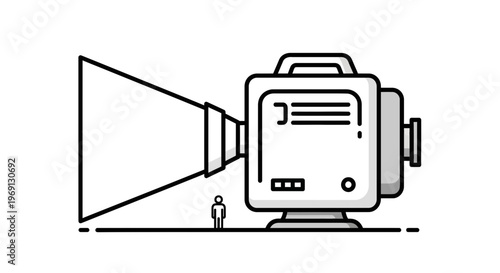 Minimalist illustration depicting a colossal cinematic apparatus towering over a diminutive human