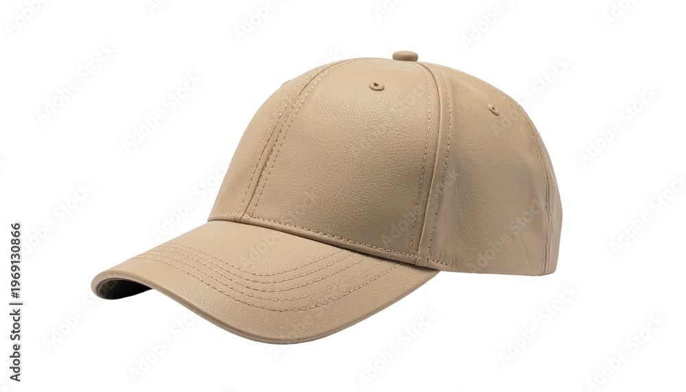 Fototapeta premium A tan, stitched, baseball-style cap with a curved visor, isolated on black