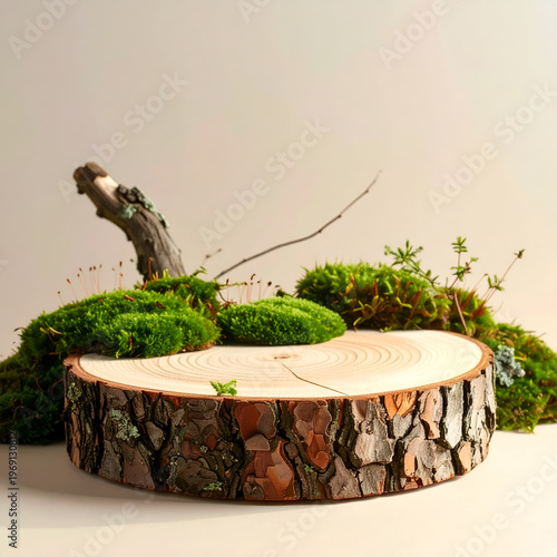 Wallpaper Mural Rustic wood slice display with moss and branch accents. Torontodigital.ca
